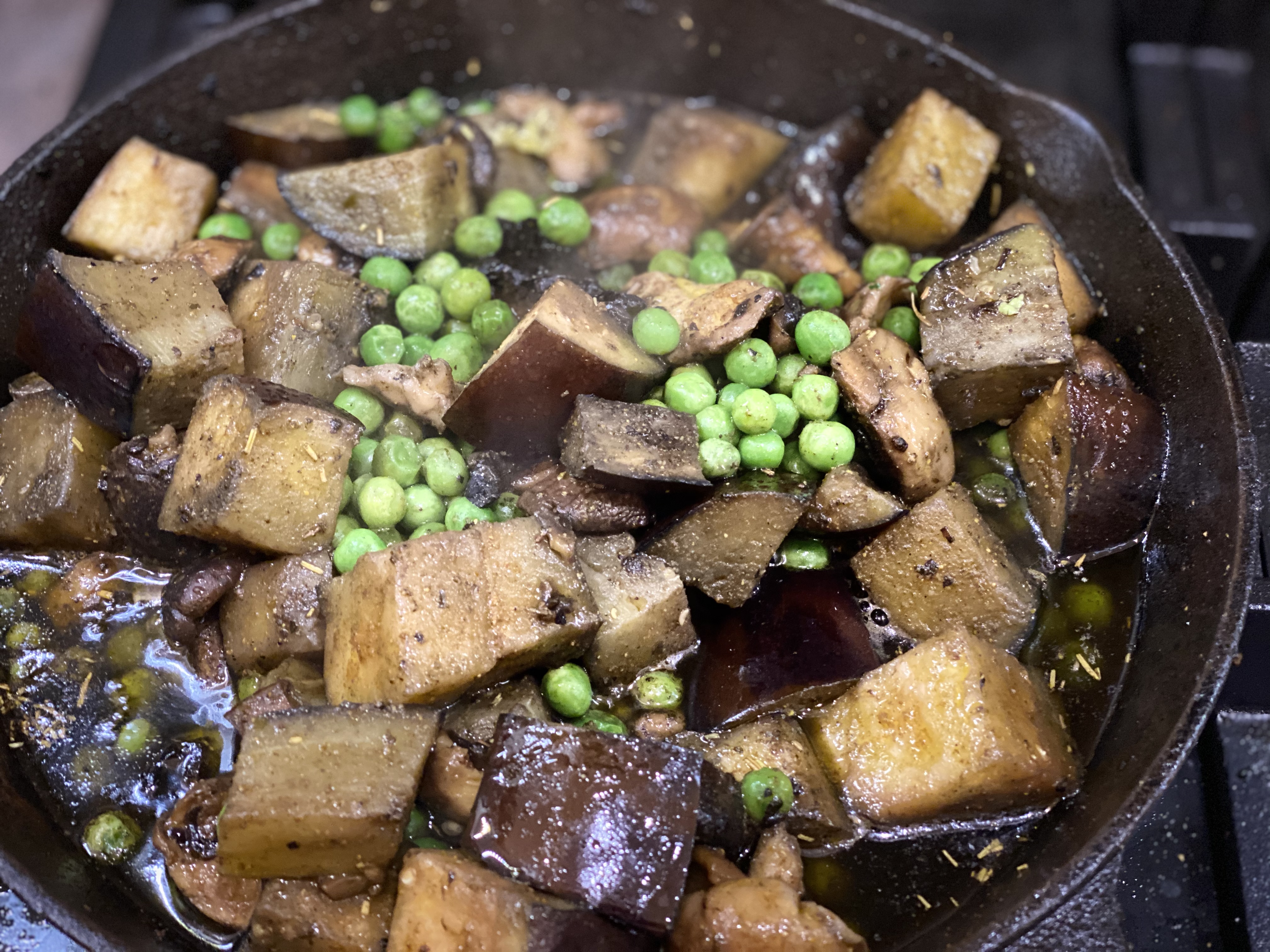 Aubergine and pea pan bake Aubergine and pea pan bake